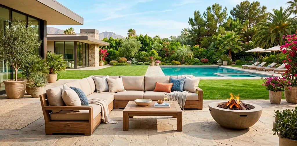 Large outdoor corner sectional on a modern patio next to a pool
