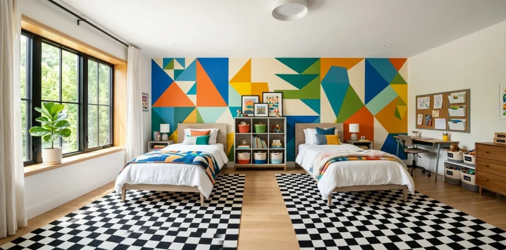 Modern small shared kids bedroom featuring colorful geometric wall patterns and stylish twin beds.