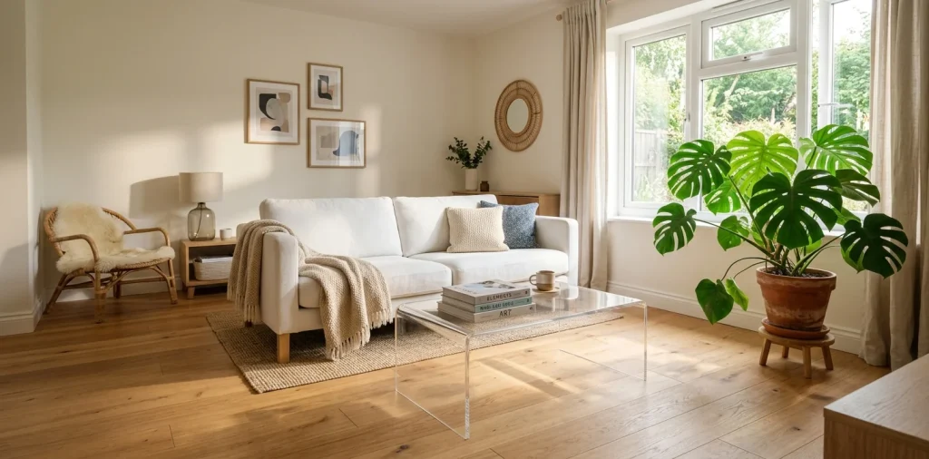 Airy small living room featuring a clear acrylic coffee table and a white sofa.