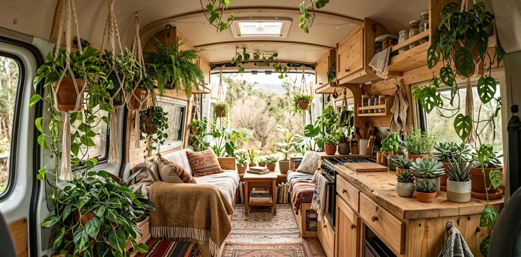 Lush green indoor plants creatively displayed inside a cozy camper van with wooden cabinets and warm sunlight.