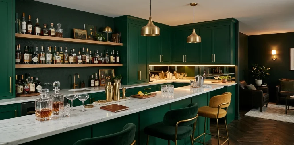 Moody emerald green home bar with brass hardware and white marble countertop in a stylish interior.