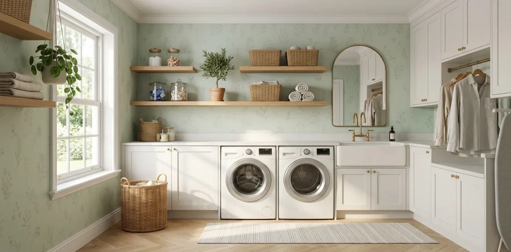 Cheerful laundry room featuring pastel green botanical wallpaper, white cabinets, and natural wood floating shelves.
