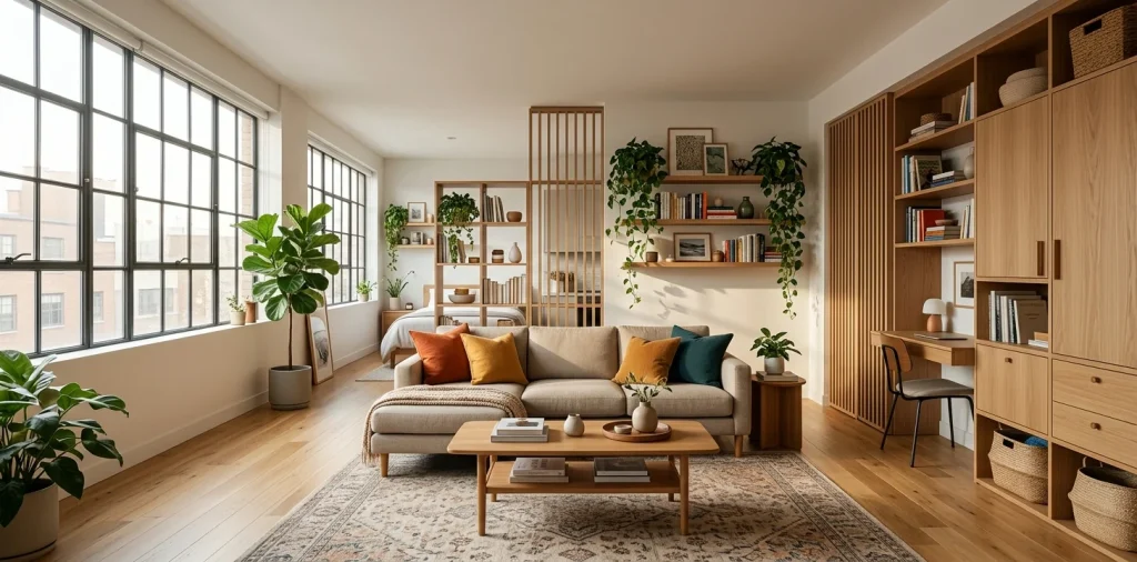 Bright and airy small apartment living room with clever space-saving furniture and decor.