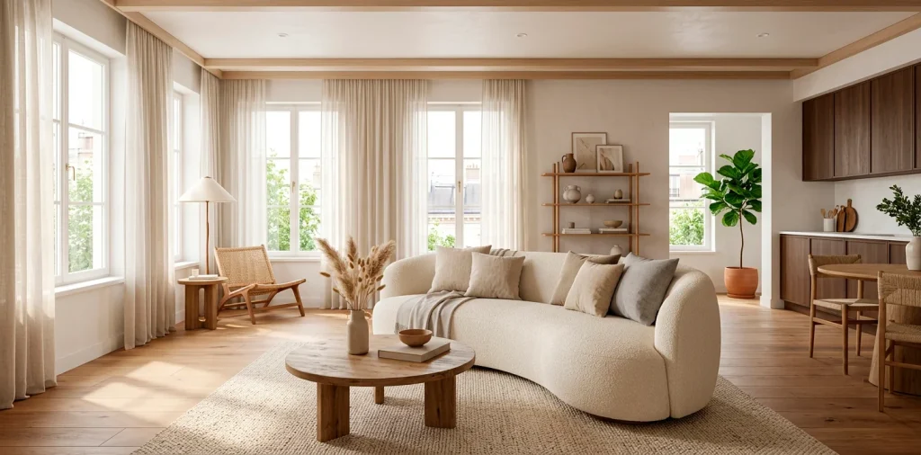 Wide view of a bright modern studio apartment featuring a chic cream boucle sofa and minimal decor.