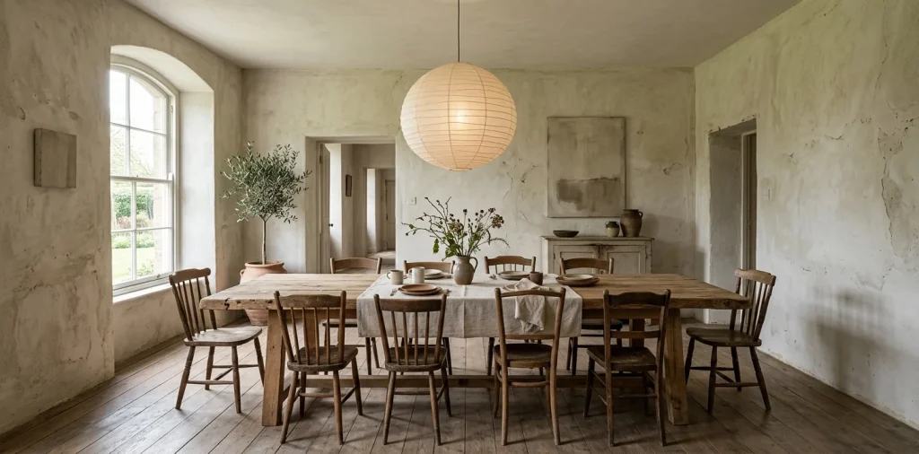 Serene Wabi-Sabi style dining room featuring a raw wood table and paper lantern