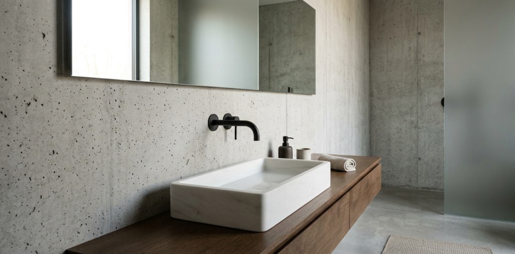Modern minimalist bathroom featuring a sleek matte black wall-mounted faucet over a white stone sink against a concrete wall.