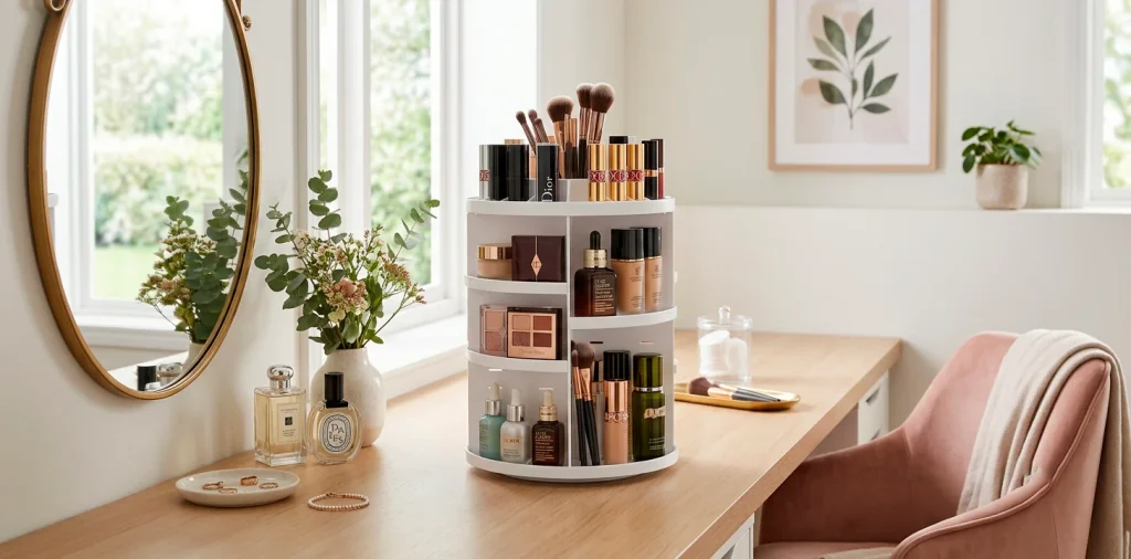 Beautifully organized vanity table with a clear rotating makeup organizer holding various cosmetics
