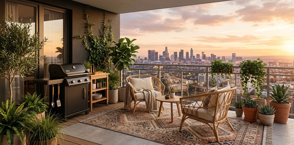 Stylish modern balcony featuring a sleek black grill blended perfectly with cozy outdoor decor and plants.