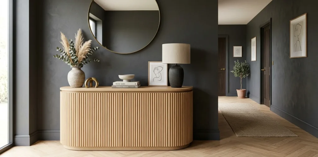 Elegant oak half-moon table placed against a dark hallway wall in a modern home