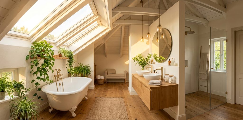 Golden morning sunlight illuminates a modern sky-lit attic bathroom featuring a freestanding tub and natural oak vanity.