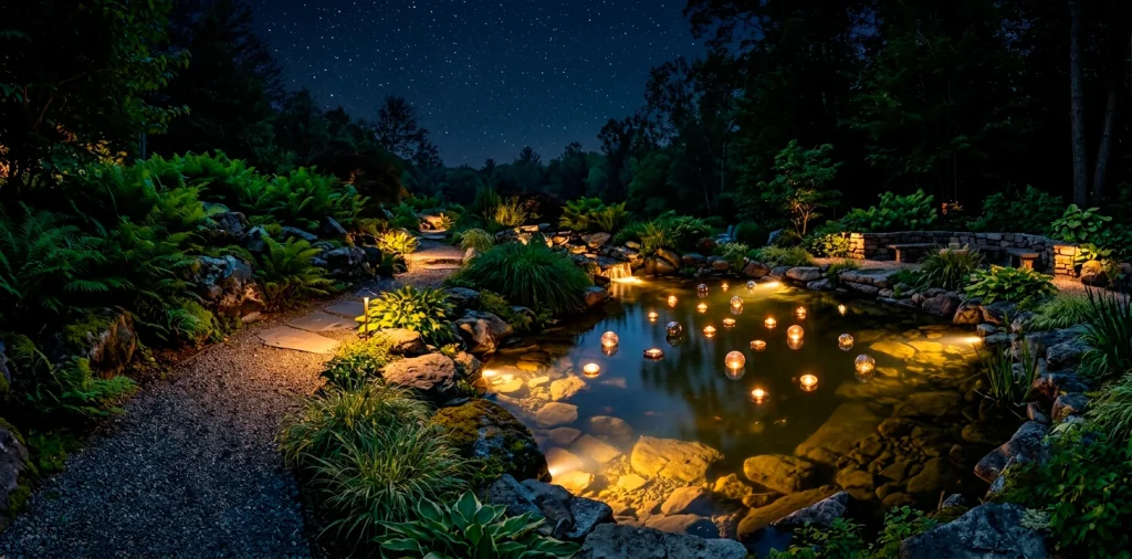 Wide view of a backyard garden pond glowing at night with underwater lights and floating orbs.
