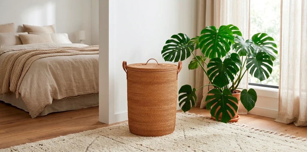 A stylish woven rattan laundry basket placed beautifully in a bright modern bedroom corner with green plants.