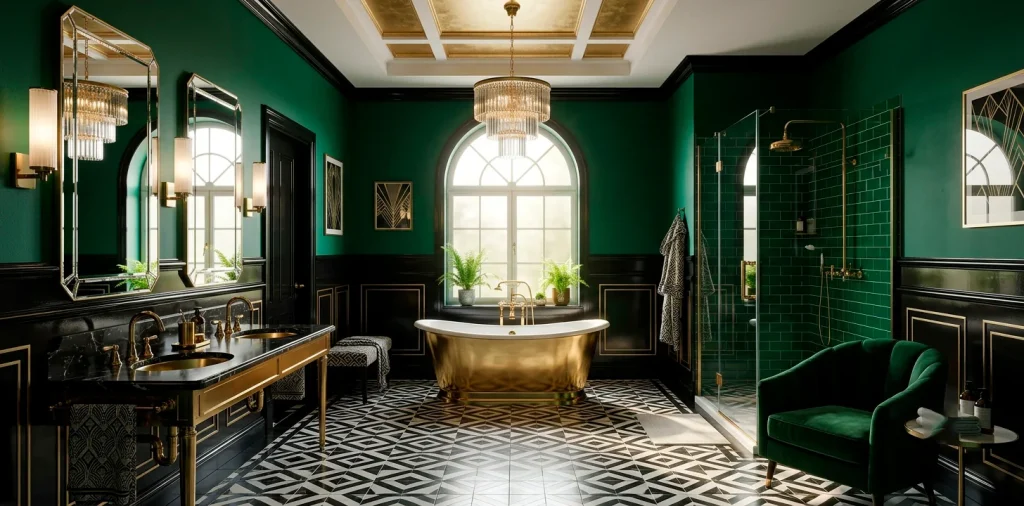 Luxurious Art Deco master bathroom with emerald walls, geometric tiles, and brass bathtub
