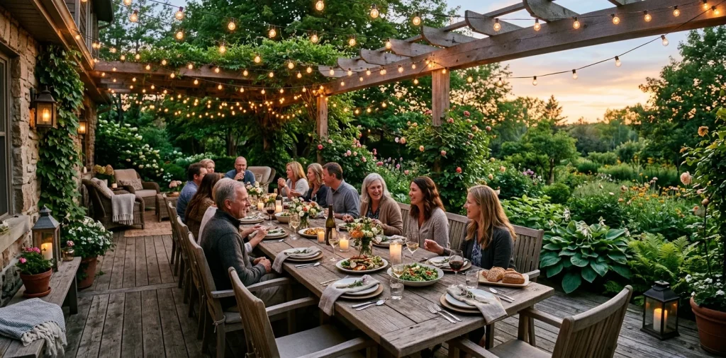 Wide view of a cozy summer back porch set for a dinner party with warm lighting