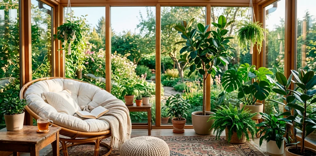 Beautifully styled sunroom reading nook with oversized chair and plants bathed in morning light
