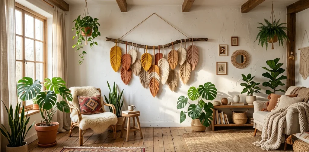 Beautiful boho macrame feathers and leaves hanging on a branch in a cozy, sunlit living room with plants.