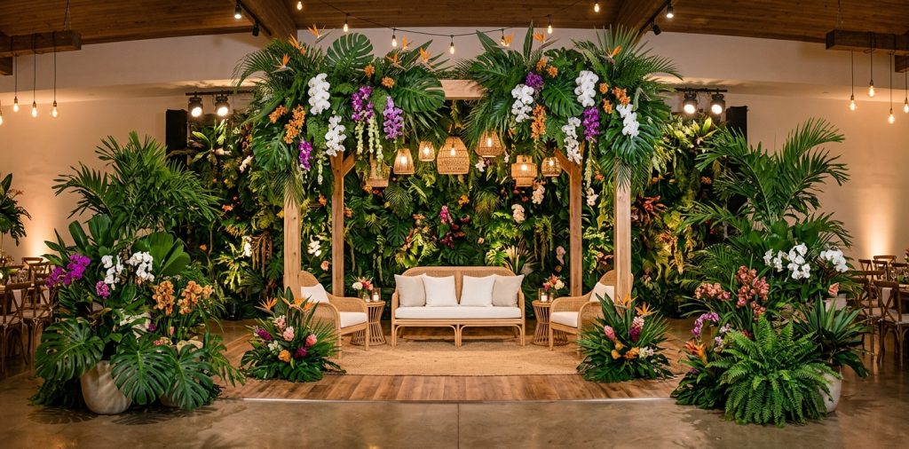 Lush tropical indoor wedding stage decoration with monstera leaves, natural wood arch, and warm ambient lighting.