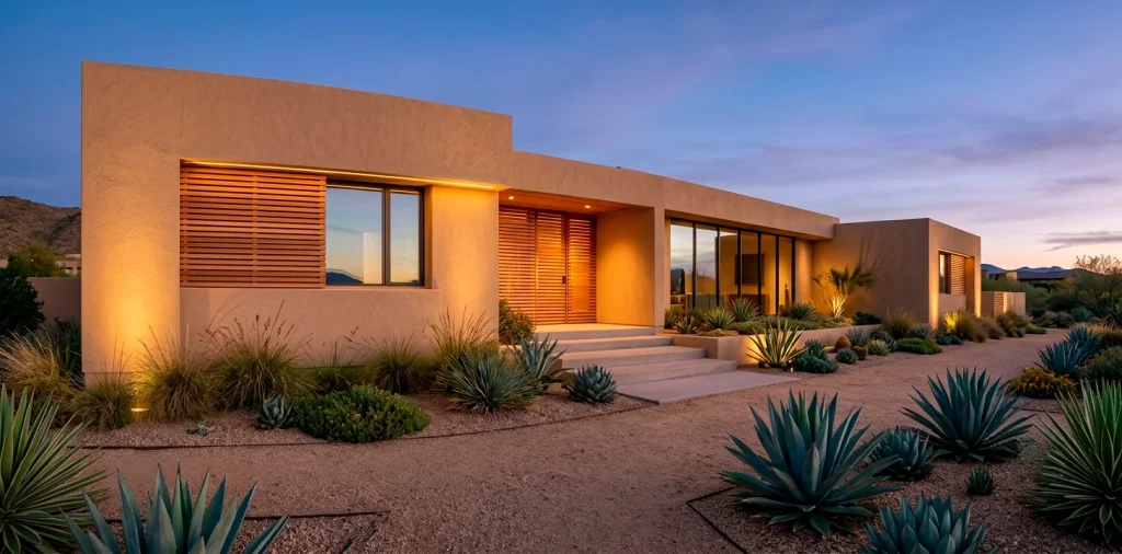 Desert modern home exterior featuring warm stucco walls and vertical slatted wood accents at sunset.
