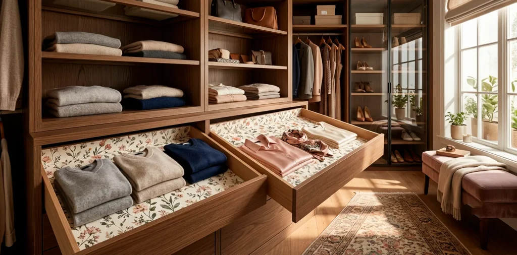 Beautifully organized open dresser drawers lined with floral scented paper and neatly folded clothes