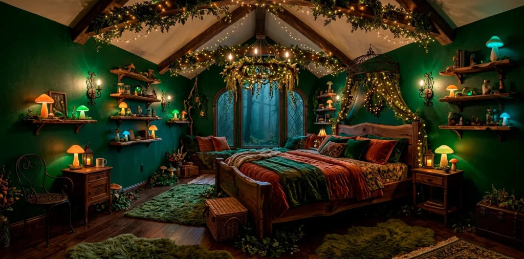 Wide view of a moody enchanted forest bedroom featuring deep green walls, live-edge wood bed, and warm fairy lights.