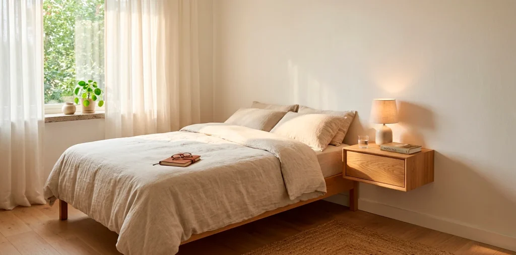 Cozy small bedroom featuring a modern floating wood nightstand beside a plush bed