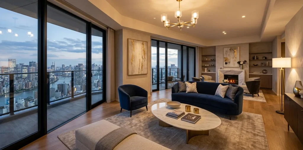 Elegant luxury apartment living room featuring plush seating, marble accents, and panoramic city views.