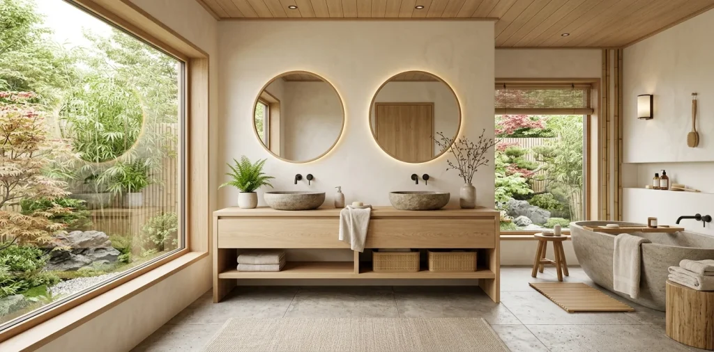 Wide view of a serene Japandi bathroom with a natural oak double vanity and minimalist decor
