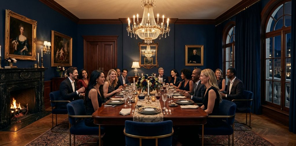 Sophisticated dining room featuring navy blue walls and a warm brass chandelier