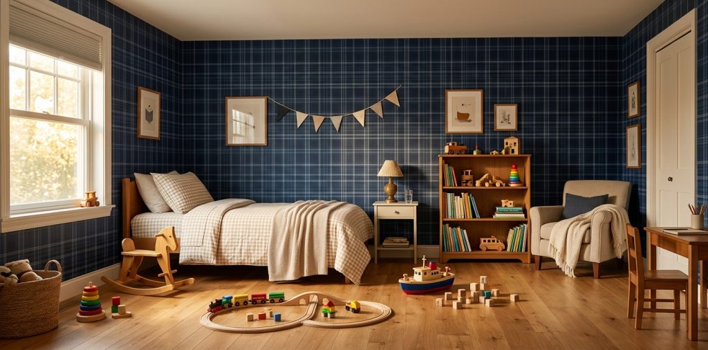 Classic kids bedroom featuring navy plaid wallpaper and warm beige gingham bedding with vintage toys on an oak floor.