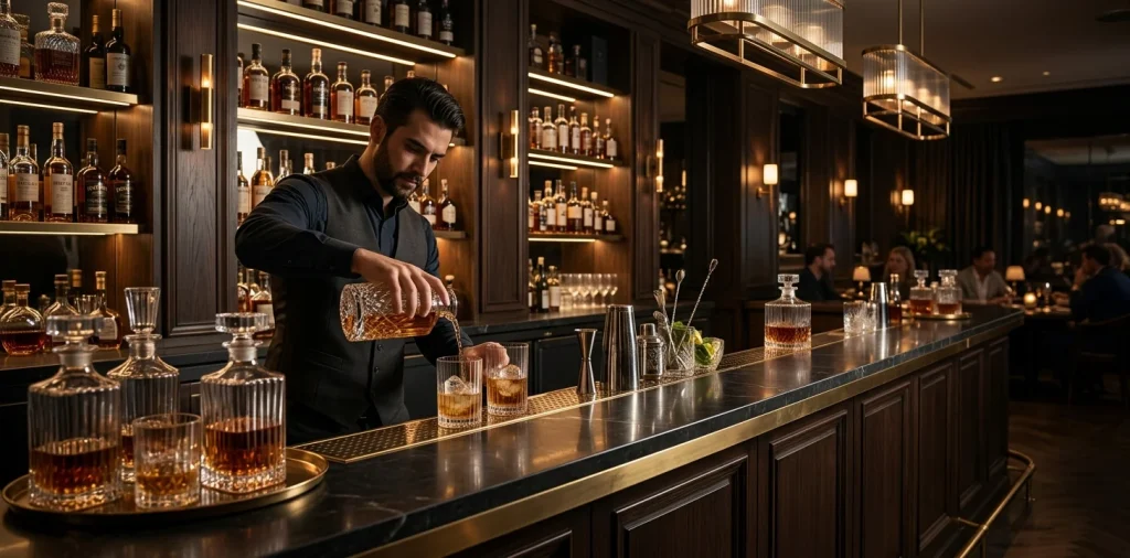 Luxurious moody home bar featuring elegant ribbed glass decanters and fluted highball glasses catching warm light