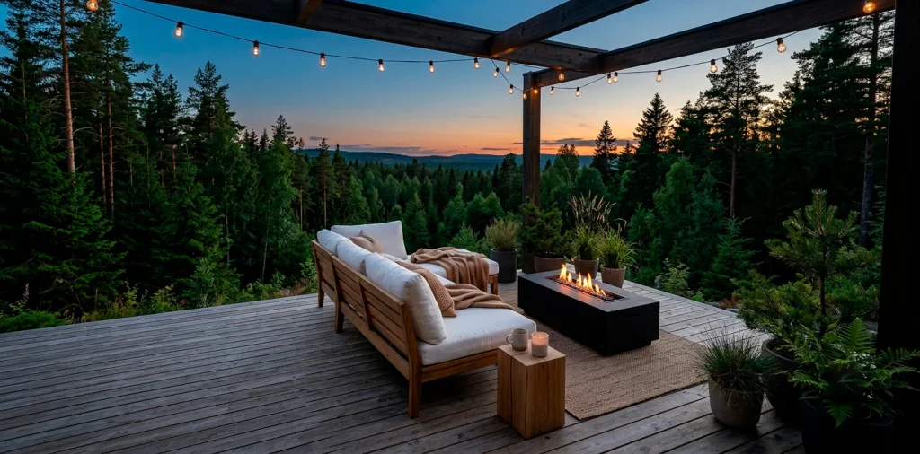 Modern Scandinavian style deck with teak furniture, white cushions, and string lights at twilight.