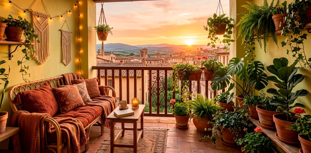 Cozy boho balcony featuring terracotta planters and rust textiles during golden hour