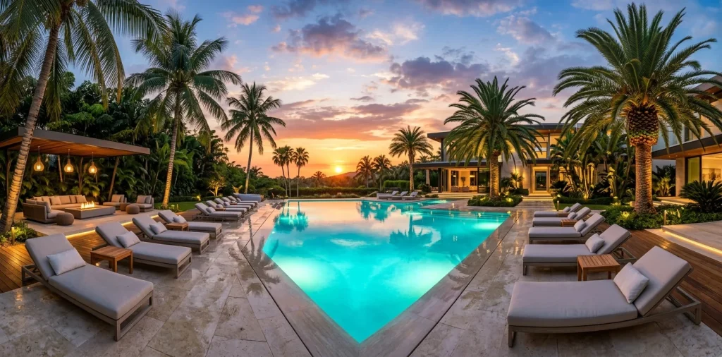 Wide view of a luxury backyard with a glowing turquoise pool at sunset