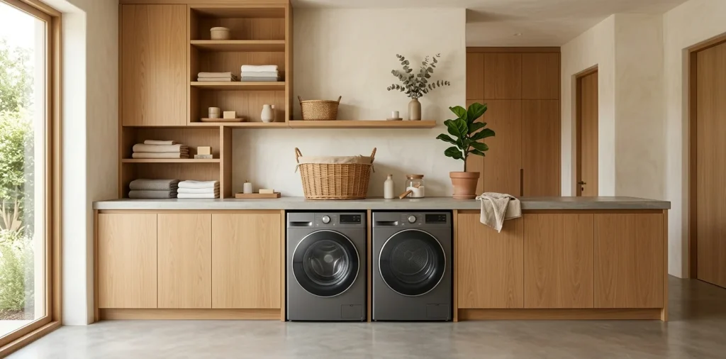 Zen-inspired Japandi laundry room with warm oak cabinets and minimalist concrete countertops