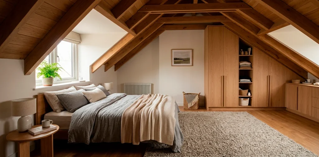 Cozy attic bedroom featuring clever slanted ceiling wardrobe cabinets and natural sunlight