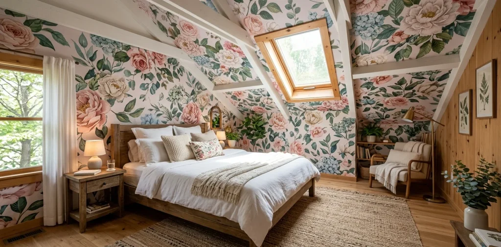 Cozy attic bedroom featuring oversized floral wallpaper on slanted ceilings with sunlight streaming through a skylight.