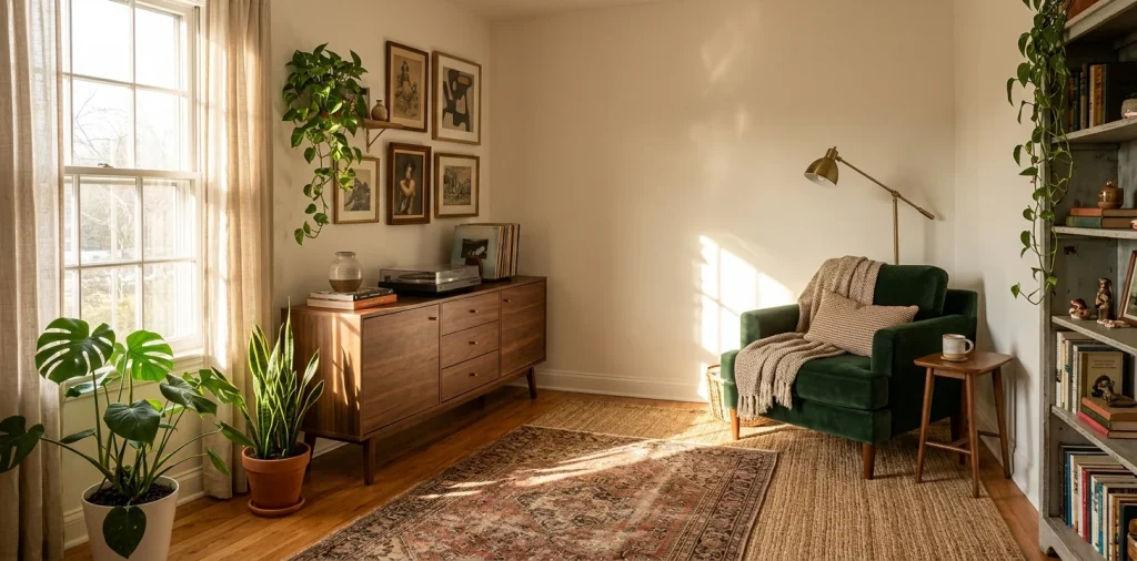 Beautifully styled small living room featuring curated vintage decor and layered rugs