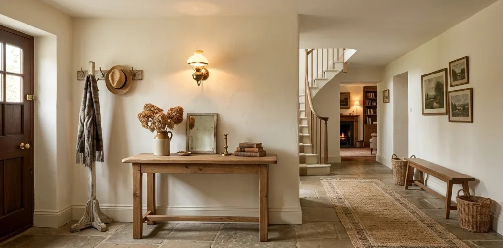 Soft and inviting cottage entryway featuring creamy off-white walls, rustic wood console, and vintage brass lighting