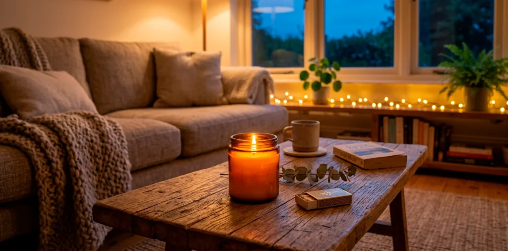 Glowing amber glass candle on a rustic wooden coffee table in a cozy living room at twilight