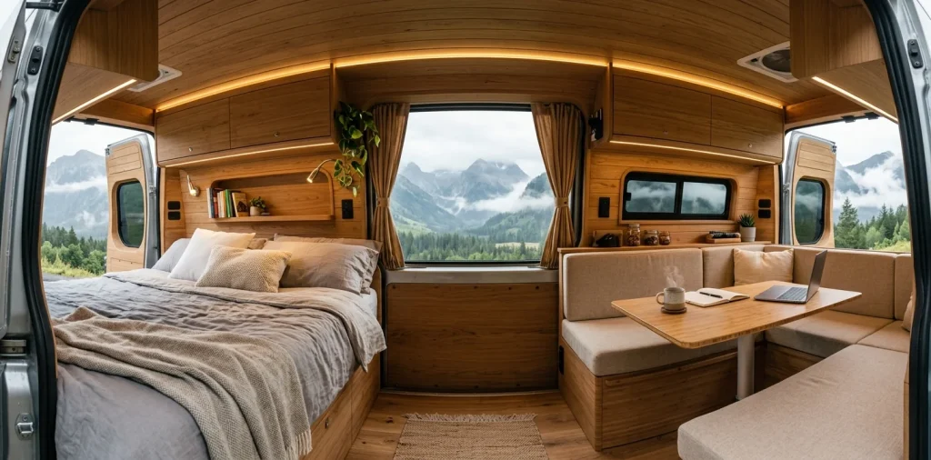 Cozy modern camper van interior looking out rear doors at misty mountains with a bed and lounge area