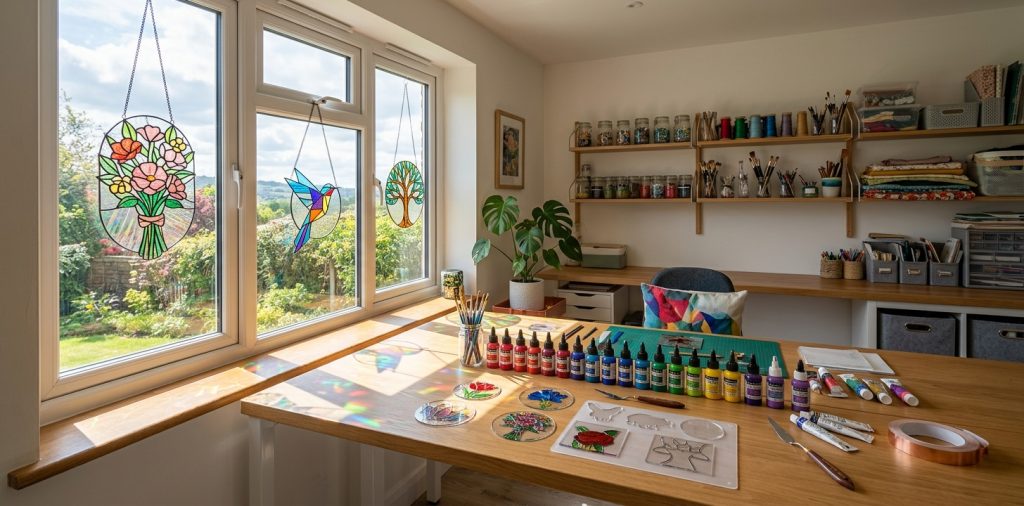 Glowing faux stained glass suncatchers hanging in a sunlit craft room casting vivid rainbow shadows on a desk.