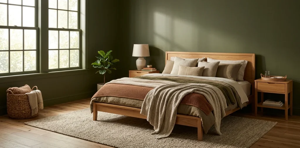 Elegant olive green bedroom featuring natural wood furniture and cozy earthy textiles for a calming retreat