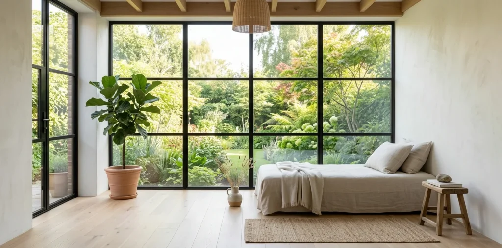 Bright minimalist small sunroom with wood floors and modern daybed bathed in natural sunlight