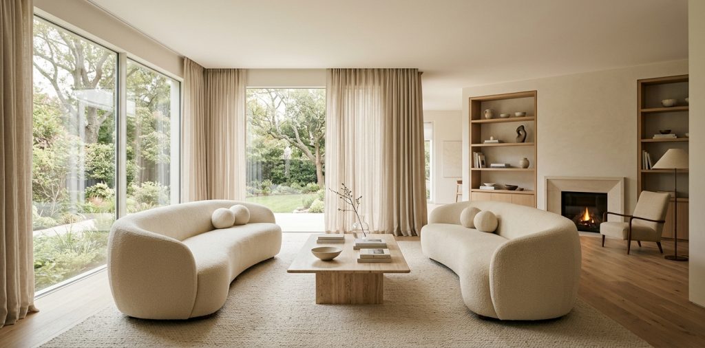 Wide view of a quiet luxury living room with neutral colors and high-end textures