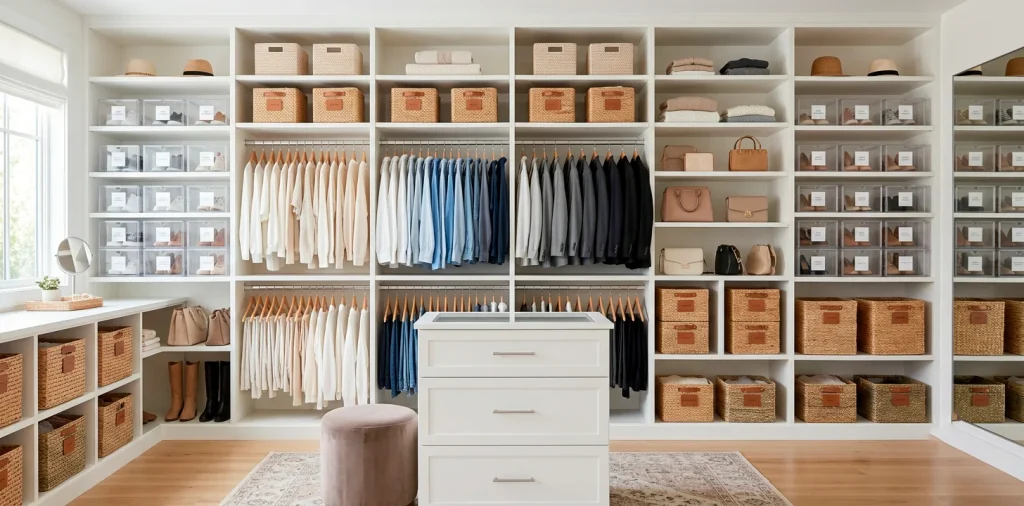 Beautifully organized walk-in closet featuring clear labeled shoe boxes and aesthetic woven storage bins.