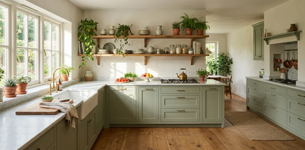 Wide view of a relaxing modern kitchen with sage green cabinets and warm wood accents.