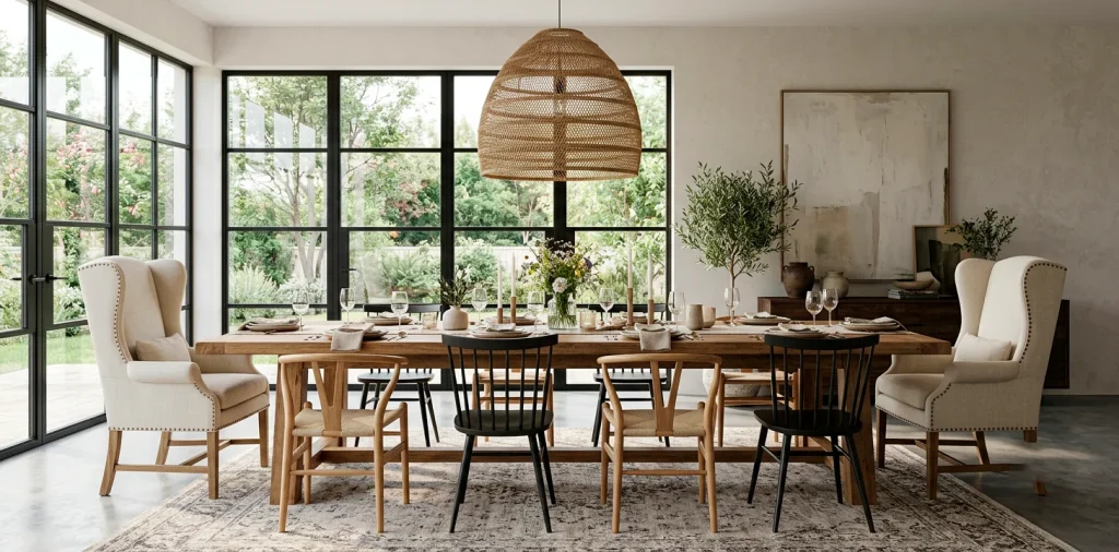 Modern eclectic dining room with rustic oak table and mismatched wishbone and black spindle chairs.