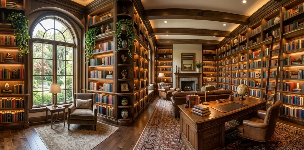 Elegant home library with dark oak floor-to-ceiling bookshelves beautifully styled with books, art, and trailing plants in warm sunlight.