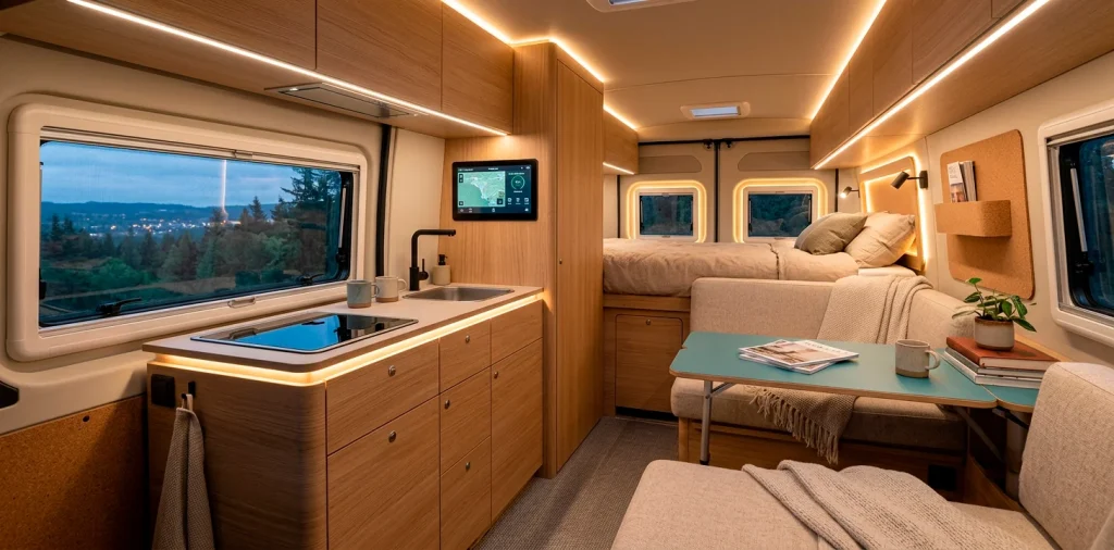 Modern camper van conversion interior showing glowing LED lights, smart monitors, and cozy wood aesthetic