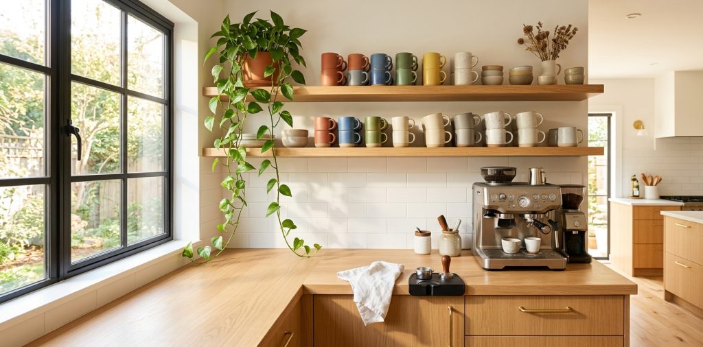 Beautifully organized open kitchen shelving displaying a variety of stackable ceramic coffee mugs in the morning light
